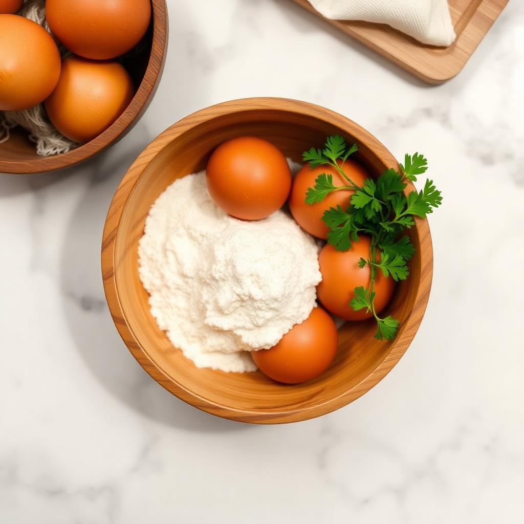 Wooden bowl of flour and brown eggs on a marble kitchen counter