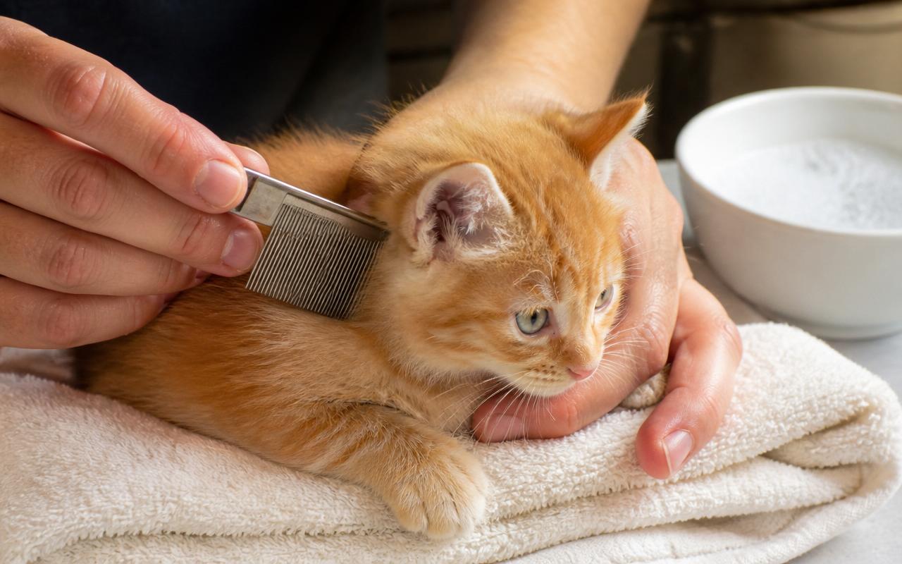 Human hands gently steadying a small orange tabby kitten on a soft white towel during a careful flea combing session in warm home light