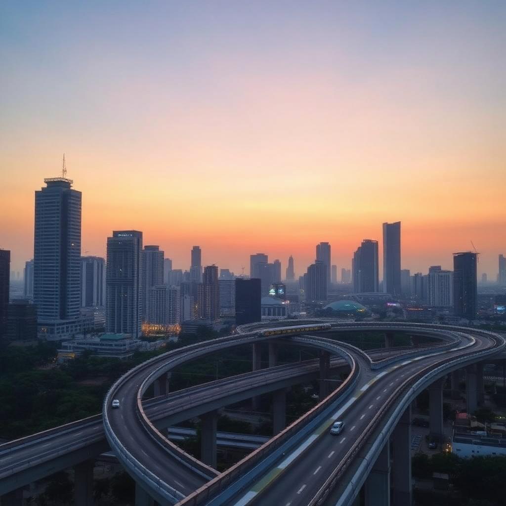 Anwar Ibrahim Launching the LRT3 Shah Alam Line This June: A modern Klang Valley skyline at twilight with an elevated metro viaduct curving through dense skyscrapers.
