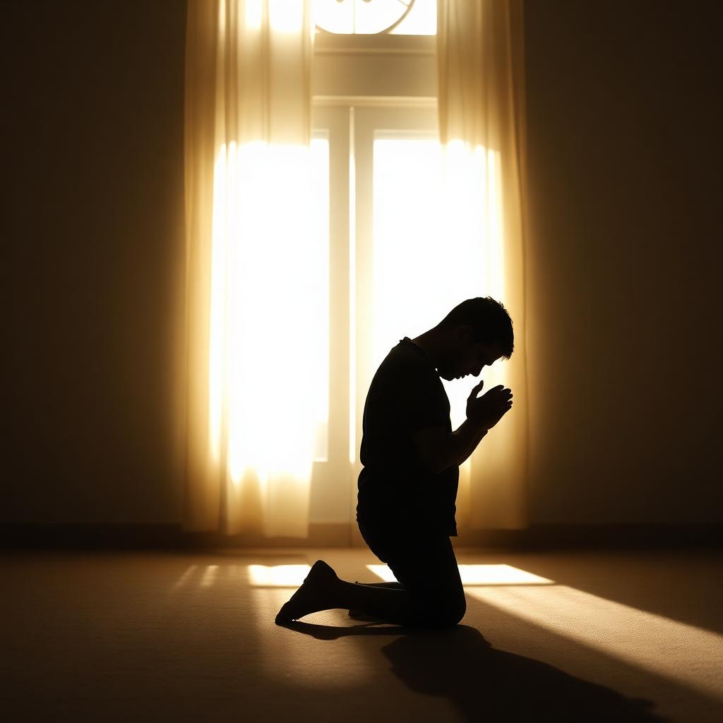 Silhouette of a person kneeling alone in a peaceful sunlit room with hands clasped in supplication