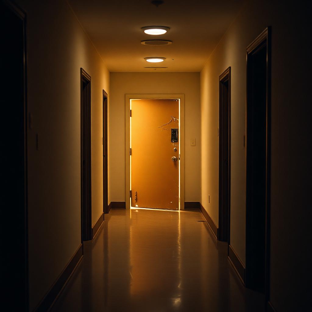 Dim residential hallway with a damaged interior door illustrating the Tom Sandoval restraining order filing against Victoria Lee Robinson