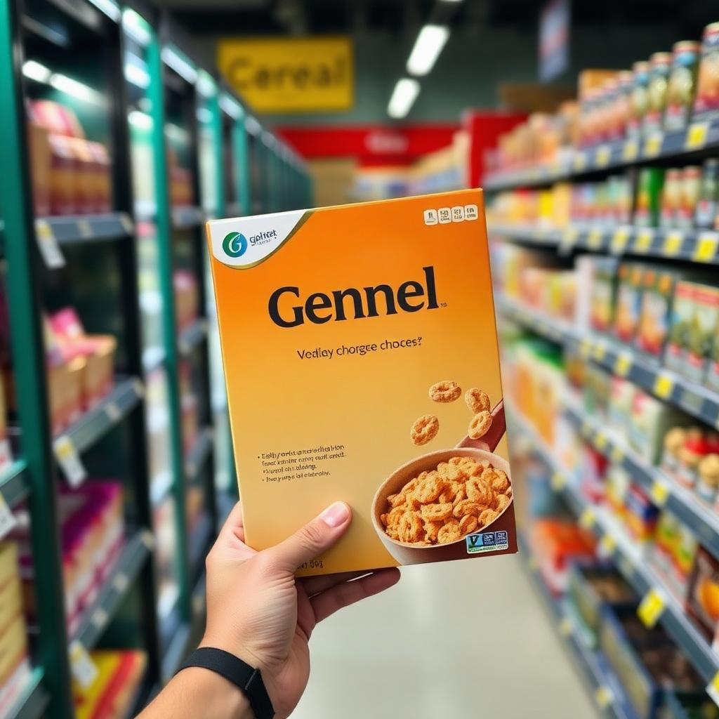 Hand holding a cereal box in a grocery store aisle with blurred shelves behind