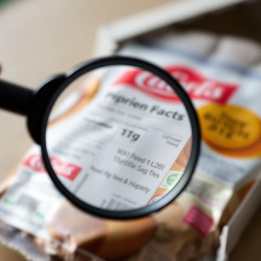 Magnifying glass over a blurred food package nutrition label