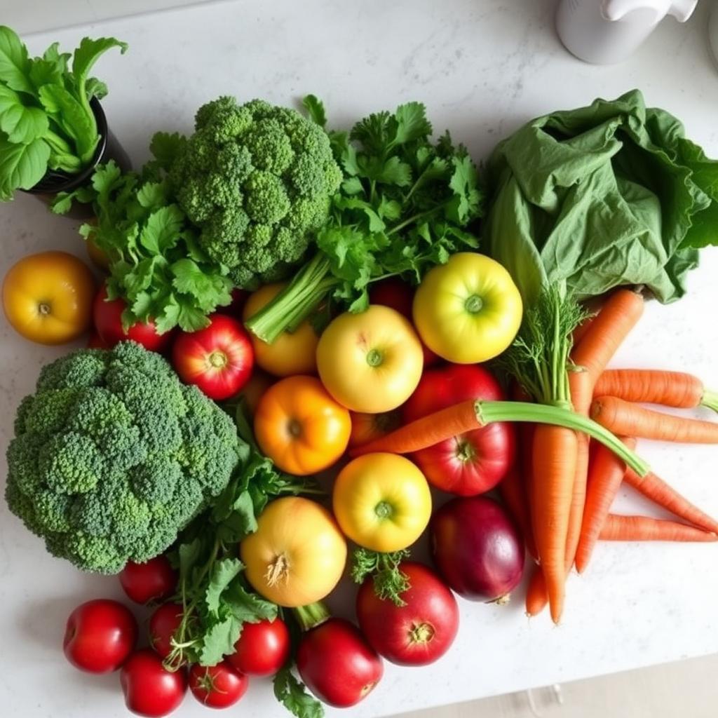 Assortment of fresh fruits and vegetables on a kitchen counter, healthy eating