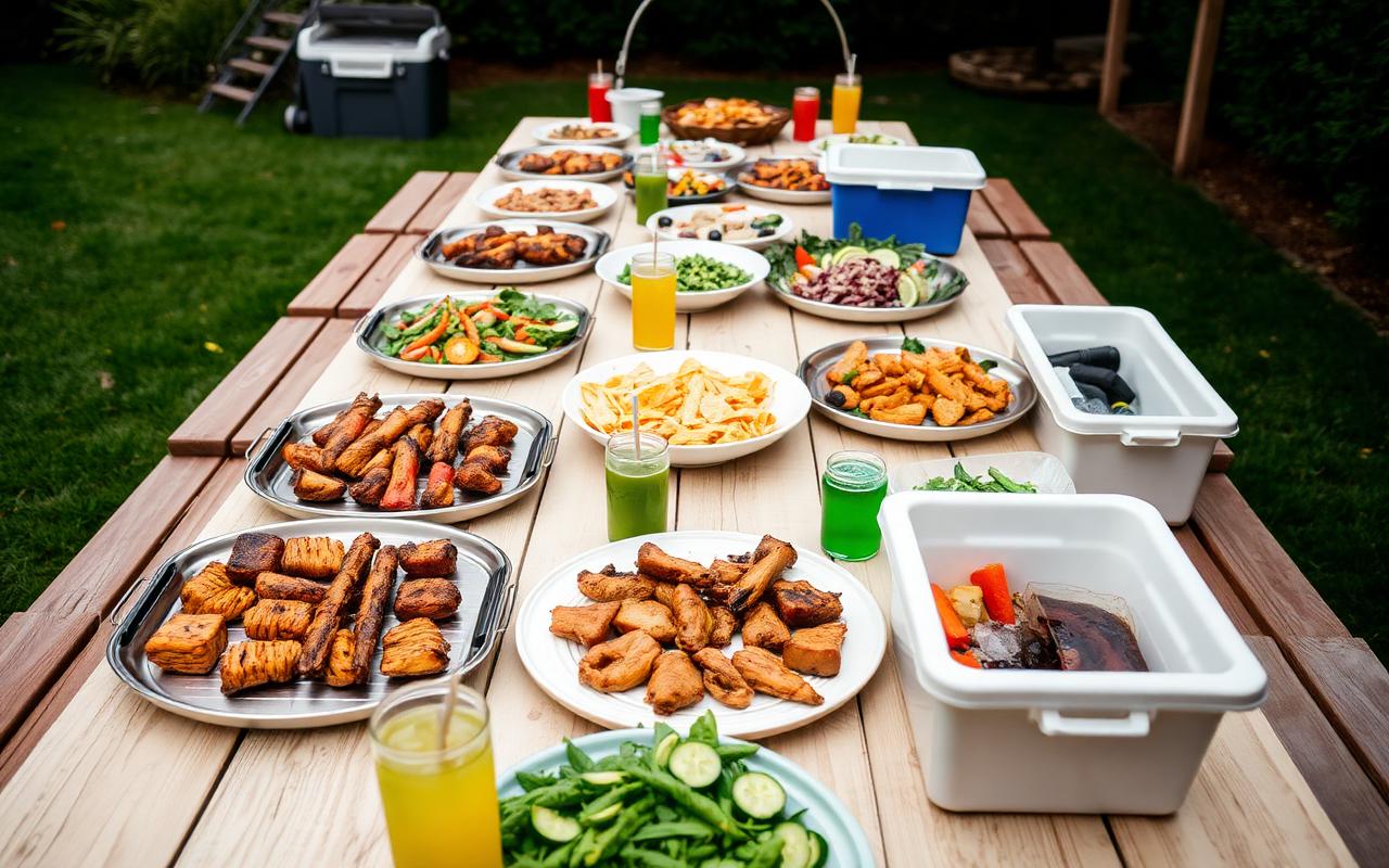Long outdoor picnic table set with platters of grilled food, salads and chilled drinks for a Labor Day cookout