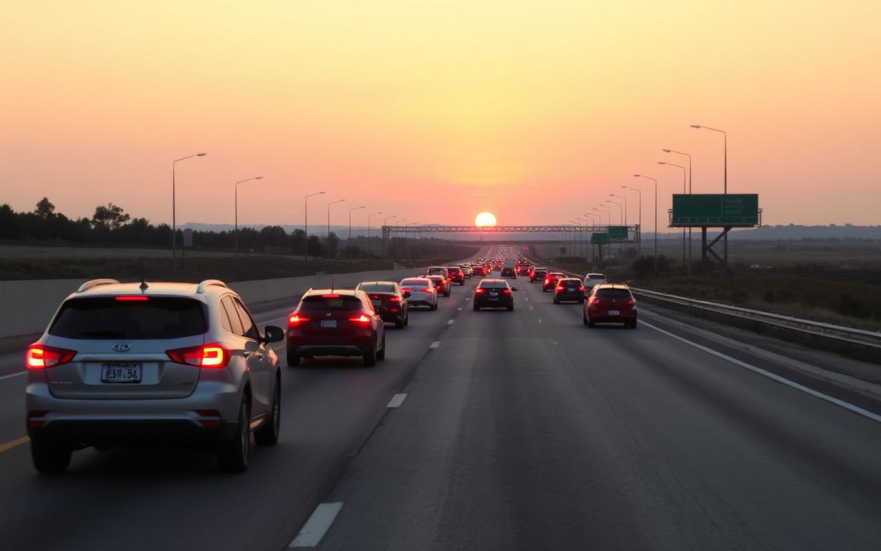 Cars on an open highway at sunset during Labor Day weekend holiday travel
