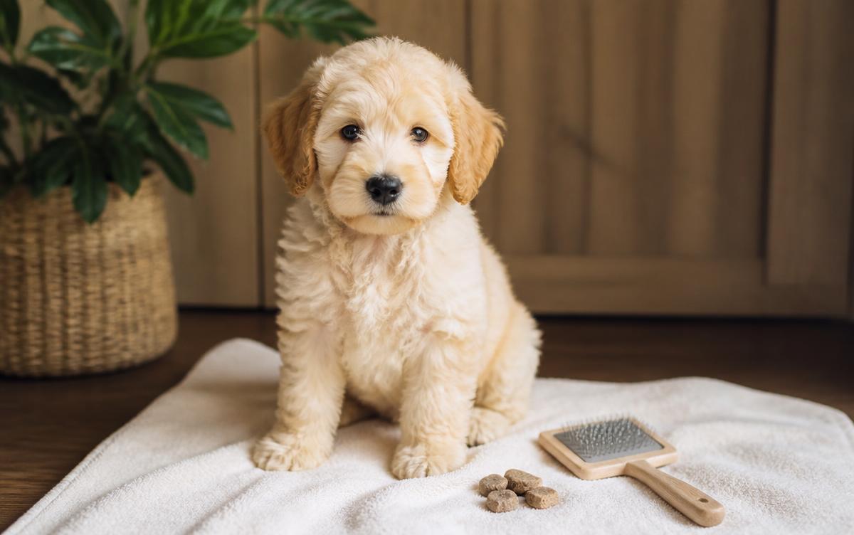 Grooming a Labradoodle puppy: a cream Labradoodle puppy sitting on a towel beside a small soft slicker brush and training treats