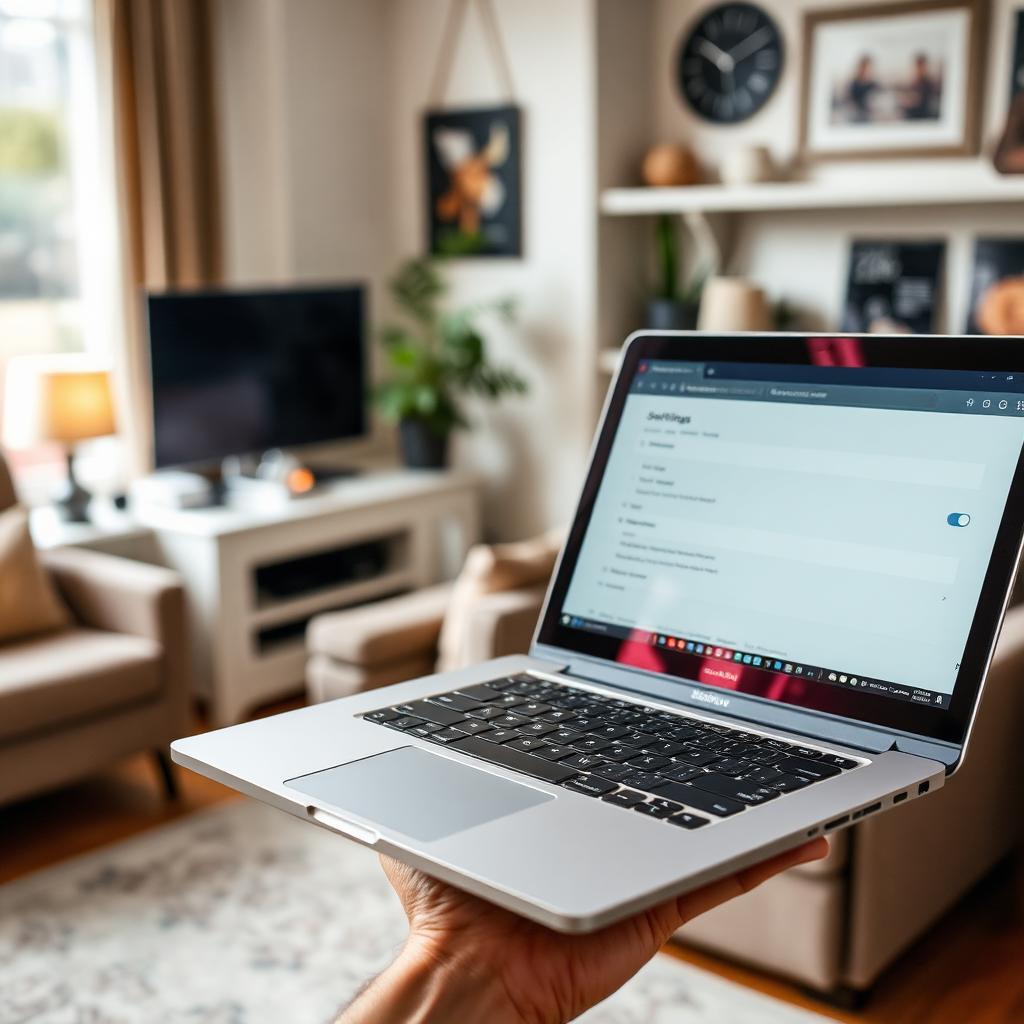I Find My WiFi Password Without Resetting the Router: Laptop on a desk with a blurred settings panel open in the living room