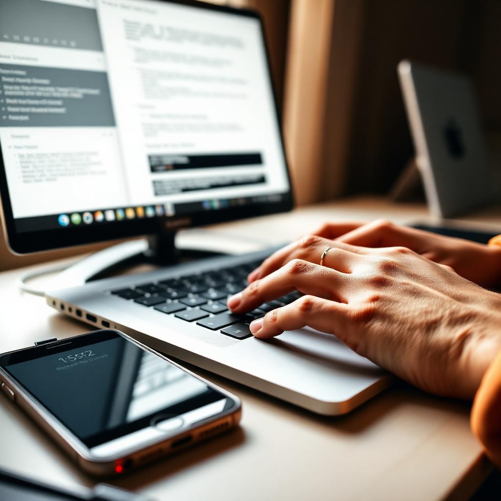 Hands on a laptop keyboard with a smartphone resting beside it on a desk
