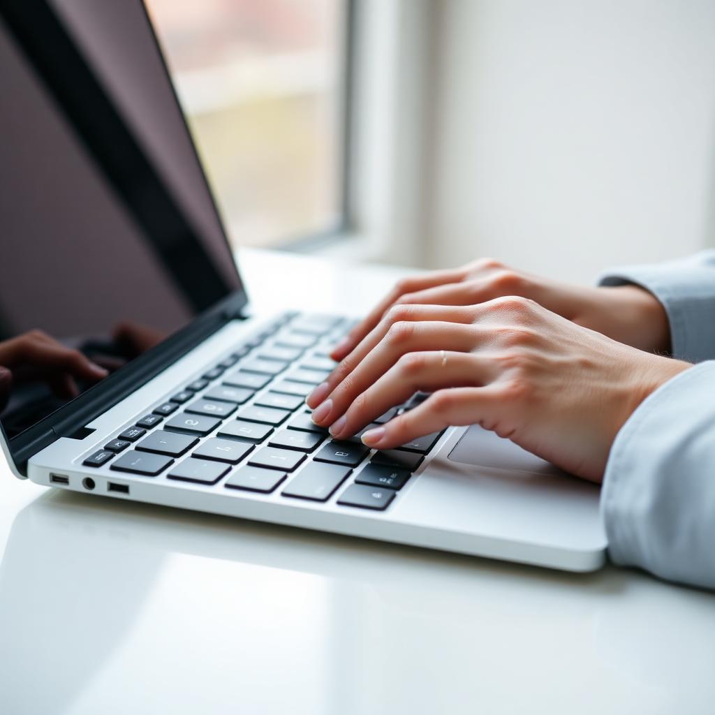 I Change the Language in Windows 11: Close up of hands typing on a modern laptop keyboard in soft daylight