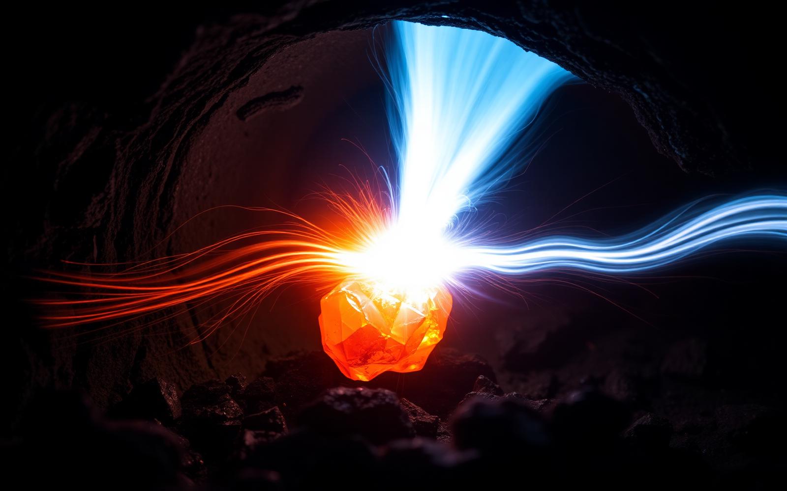 Laser driven shock wave compressing a small glowing carbon sample inside a dark experimental chamber