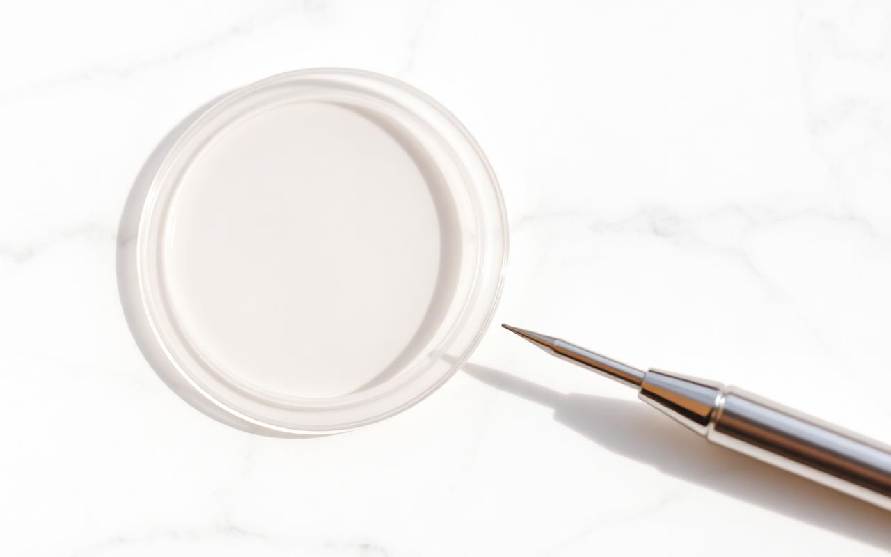 Close-up of a small curved silicone lash lift shield resting on a woman\u2019s closed upper eyelid with lashes combed upward against it