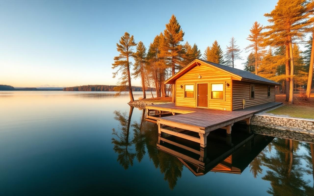 Wooden lakeside cabin with a dock at golden hour for a last-minute Labor Day weekend getaway