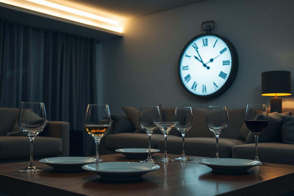 Late night living room with empty glasses and plates on the table and a wall clock showing a late hour
