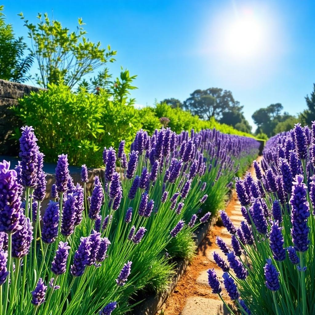 A row of mature lavender plants in bloom alongside a stone garden path under bright sun