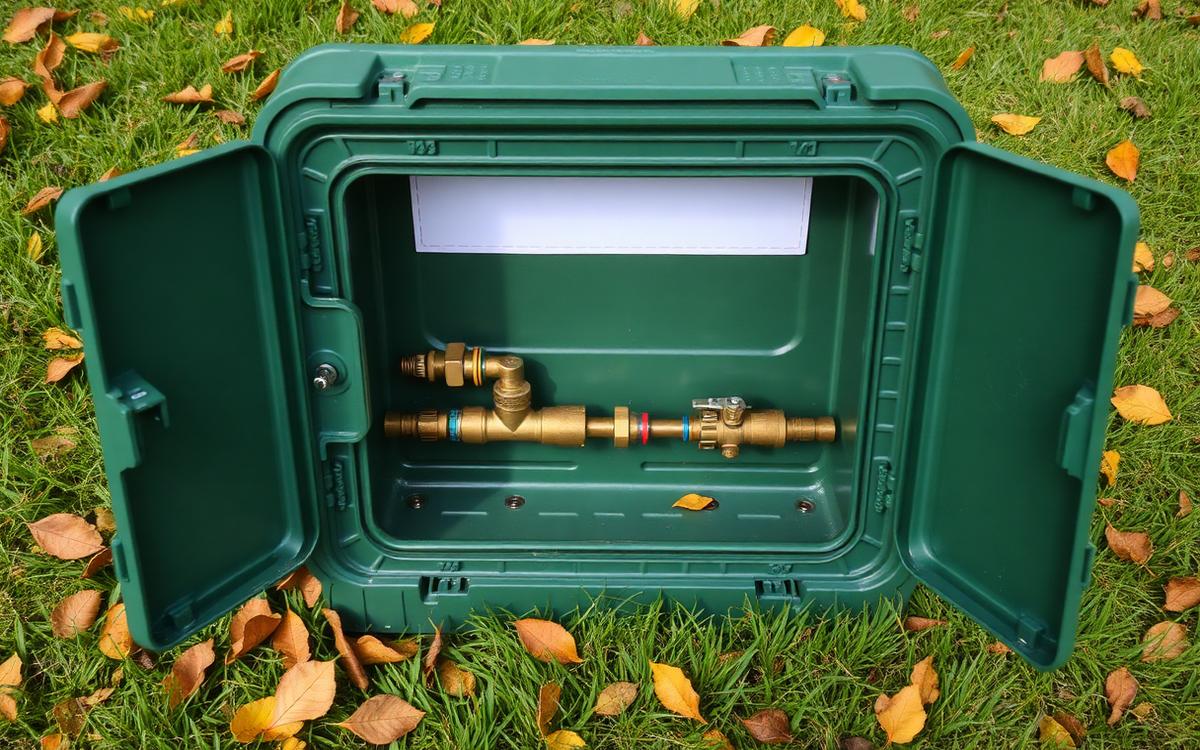 Pop-up lawn sprinkler head beside an open irrigation valve box on autumn grass