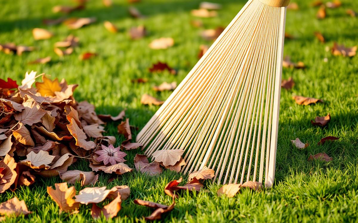 Wide plastic leaf rake pulling a pile of dry orange leaves across an autumn lawn