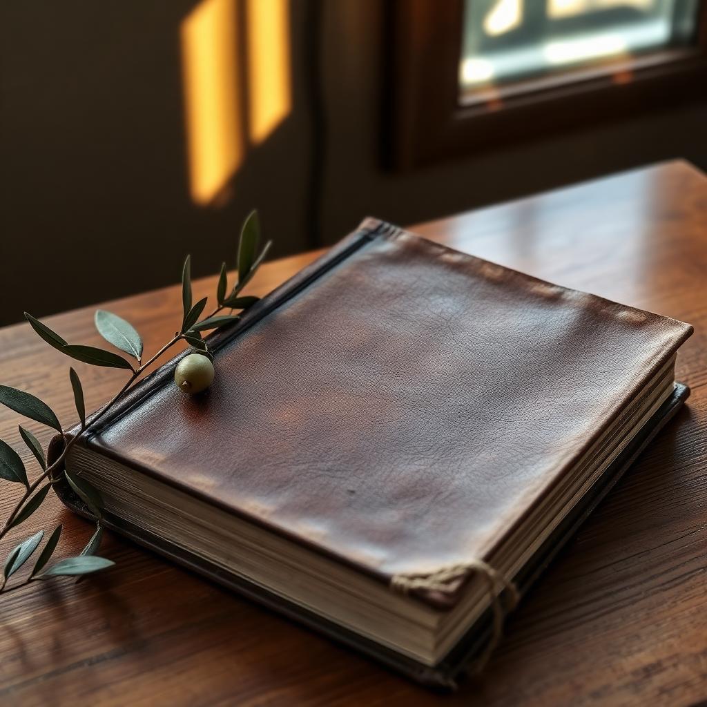 A weathered closed leather bound book beside an olive branch on a wooden table in soft window light, suggesting Bible study around the prayer of Jabez