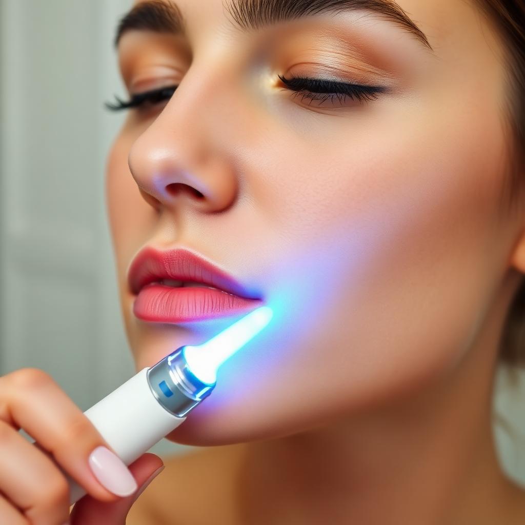 A young woman pressing a small white LED light therapy wand with a soft blue glow against a blemish on her chin