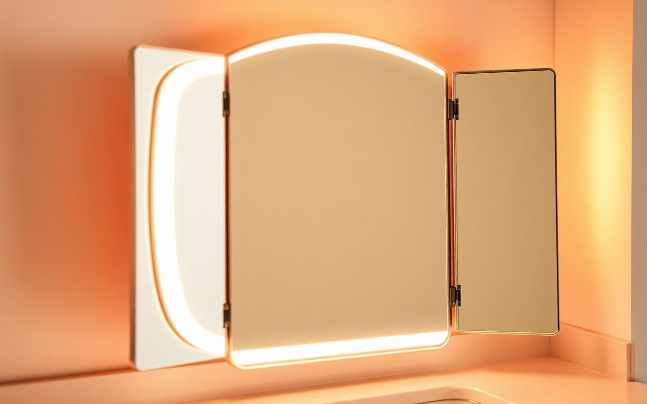 Tri-fold vanity mirror with glowing LED rim on a clean counter