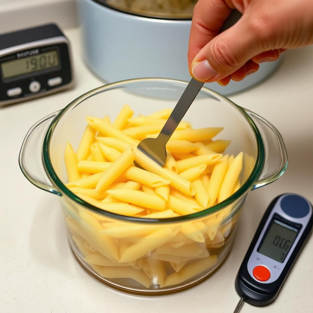 Close up of cooked penne pasta in a glass container next to a kitchen timer and digital thermometer on a clean countertop
