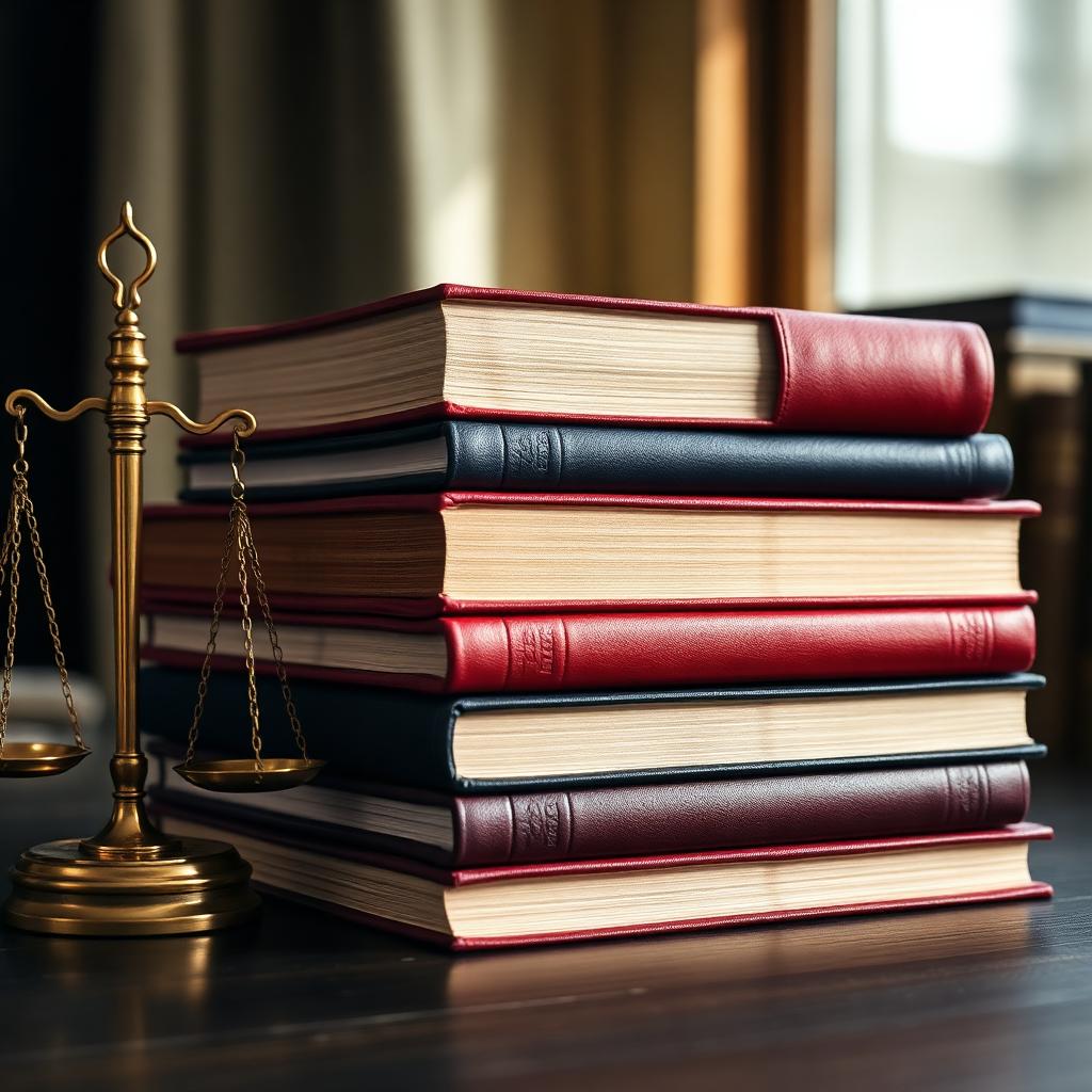 Stack of leather bound law books with brass scale of justice beside them, illustrating copyright case law for quotes