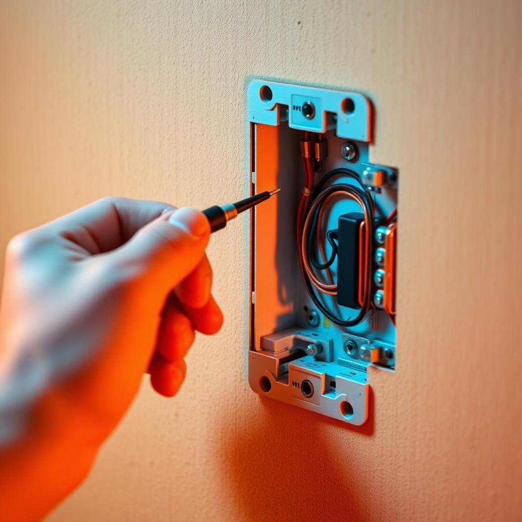 A hand checking the back of a wall switch with a small voltage tester