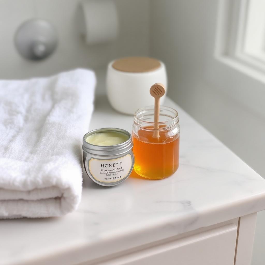 A small tin of balm and a jar of honey on a marble counter beside a folded towel
