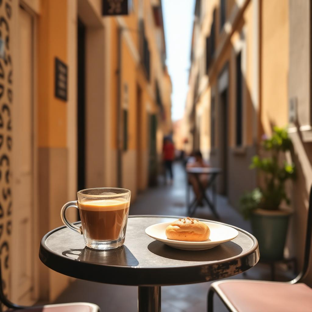 the Essential Portuguese Phrases for Travel: A small outdoor cafe table in a sunny Lisbon alley with a glass cup of espresso and a pastel de nata pastry on a small white plate
