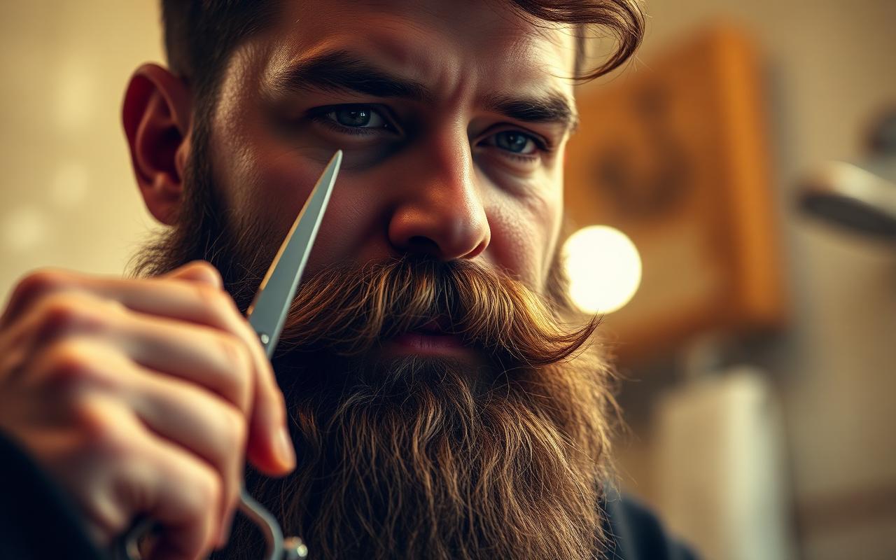 Close up of a man snipping stray hairs on his long beard with barber shears while looking in a bathroom mirror in warm light