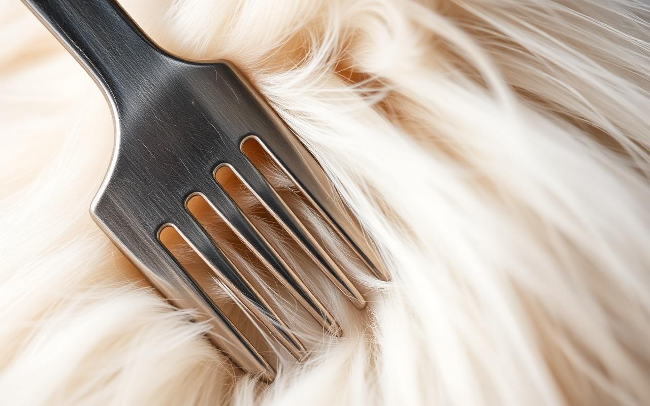 Stainless steel greyhound style cat comb being drawn through soft cream long haired cat fur in close macro detail