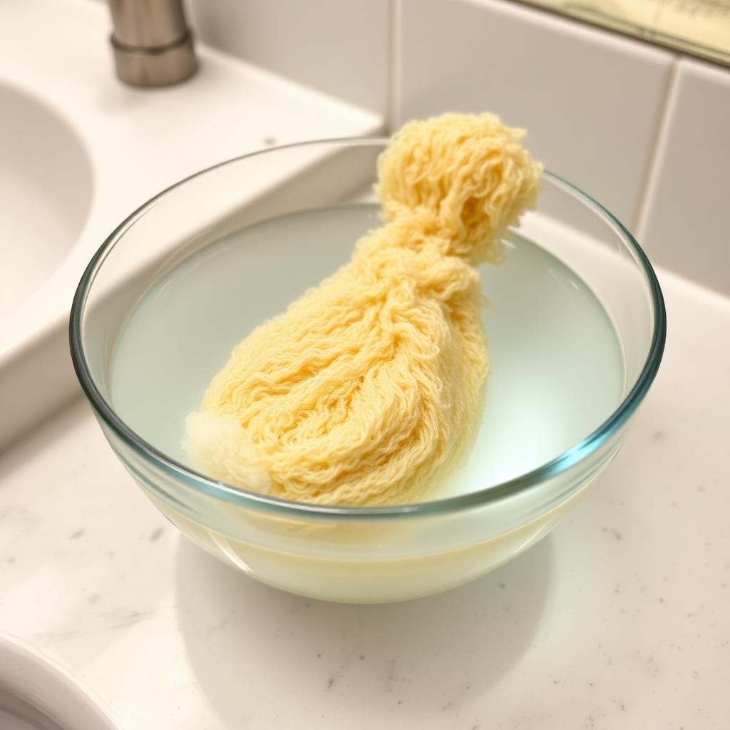 A natural plant loofah submerged in a clear glass bowl of diluted bleach solution on a bathroom counter.