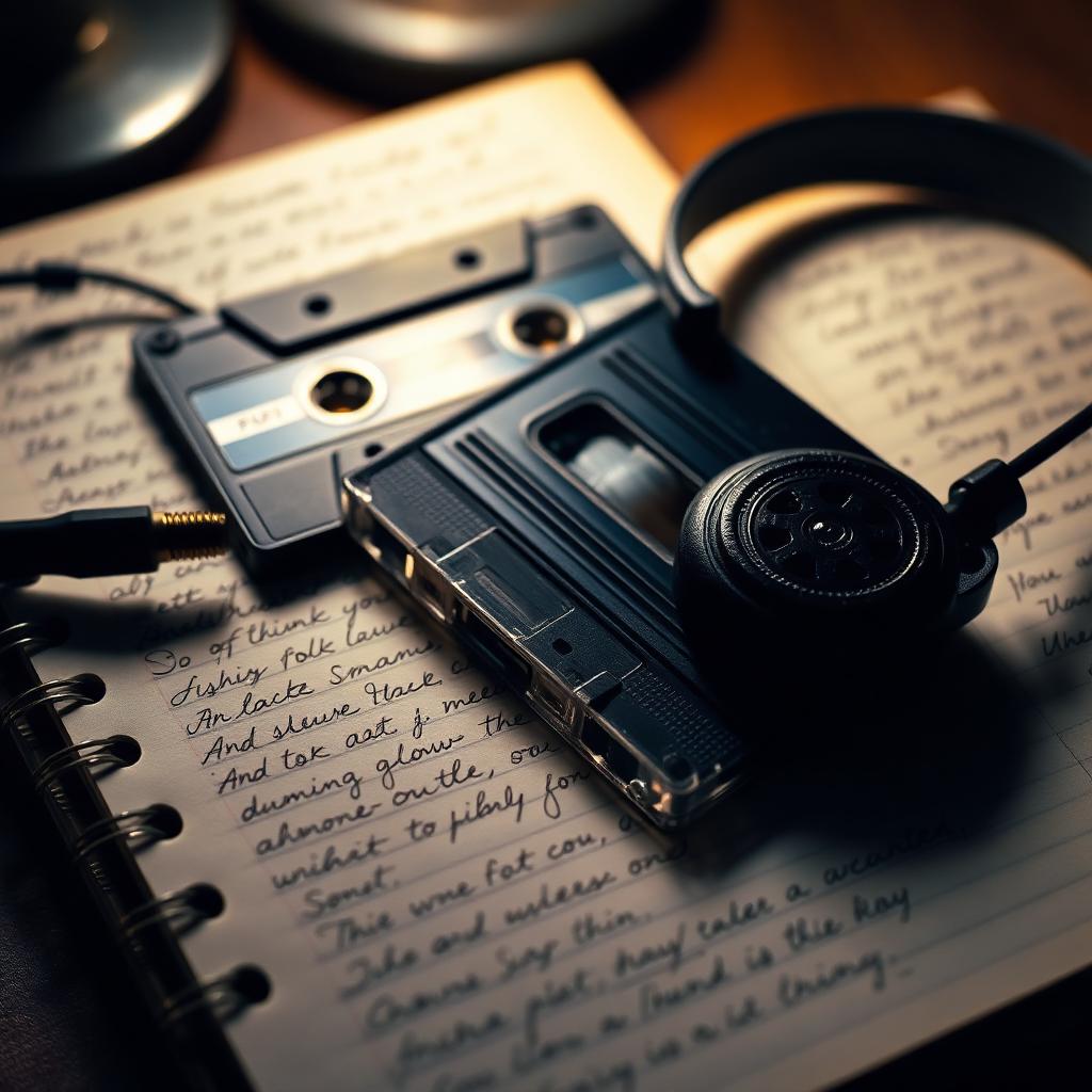 Vintage cassette tape and headphones resting on an open lyric notebook with stylised handwriting, illustrating Phoebe Bridgers Lost Boys songwriting process