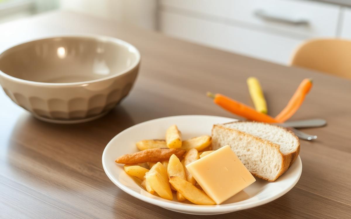 Plate of white bread, fried potatoes and processed cheese beside an empty vegetable bowl as a low fiber meal