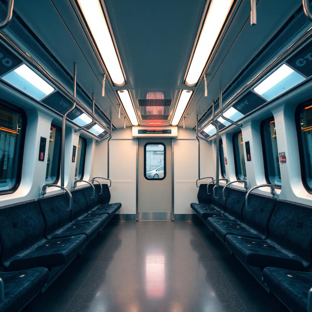 A clean modern metro train interior with bright lighting and empty cushioned seats during off peak hours.