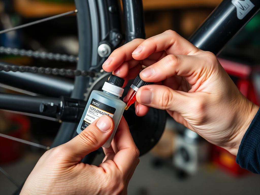 Hands applying lubricant drops to a clean bicycle chain
