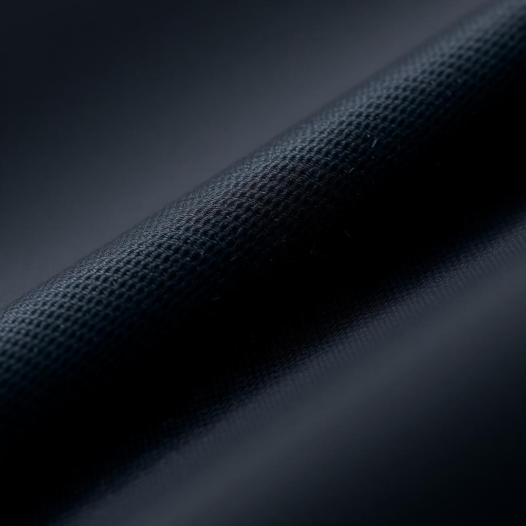 Extreme close up of stretchy black technical fabric weave showing fine fibers under soft studio lighting.
