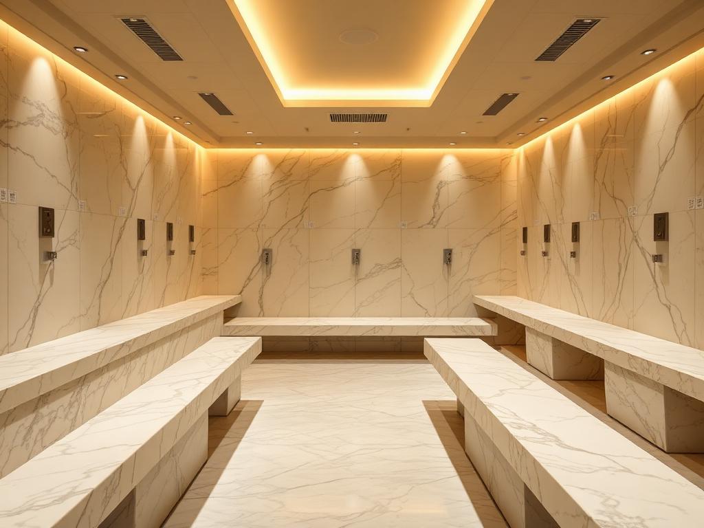 Much Is an Equinox Gym Membership: Elegant spa style locker room with marble benches and warm lighting