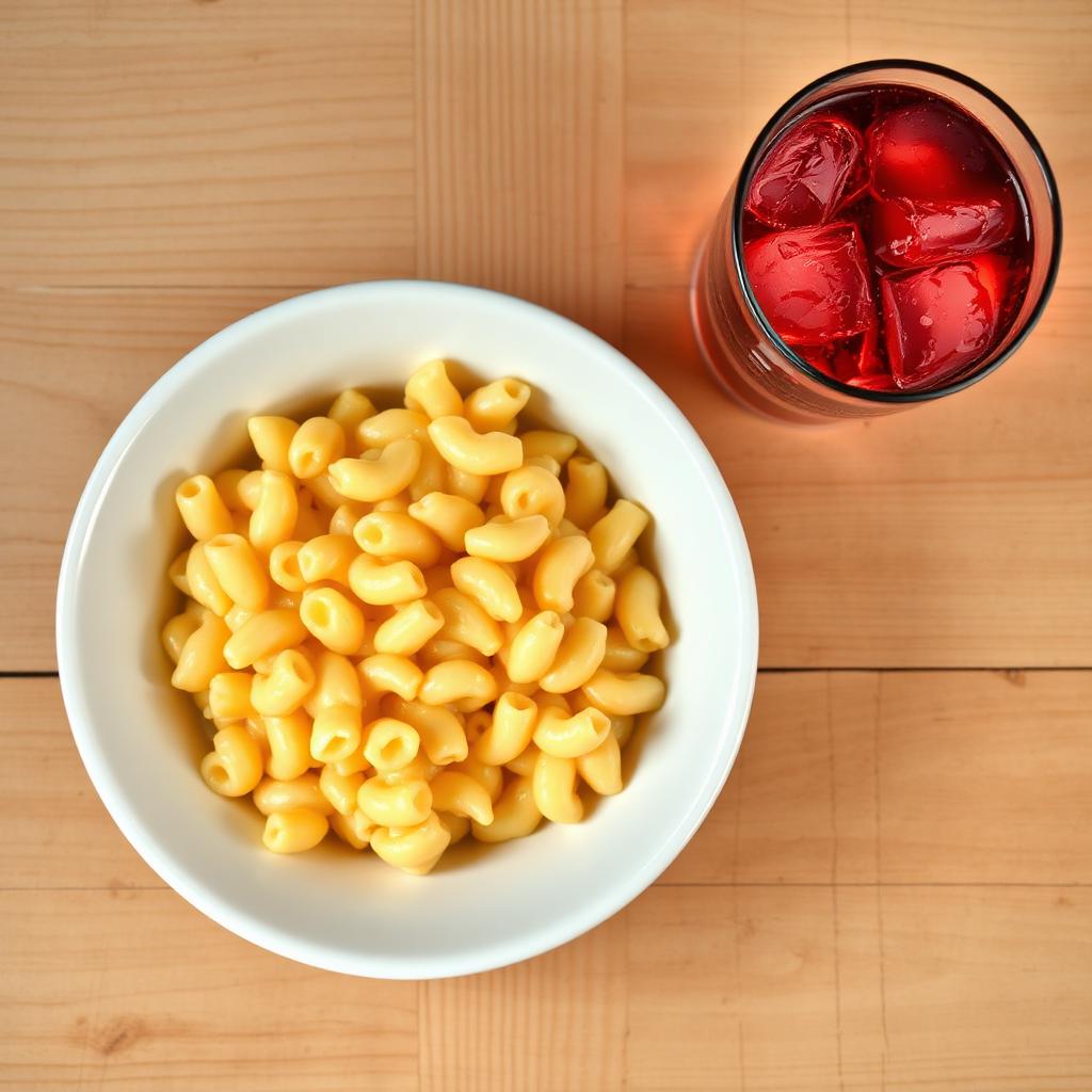 Overhead view of a bowl of creamy macaroni and cheese next to a glass of cherry red soda on a wood table