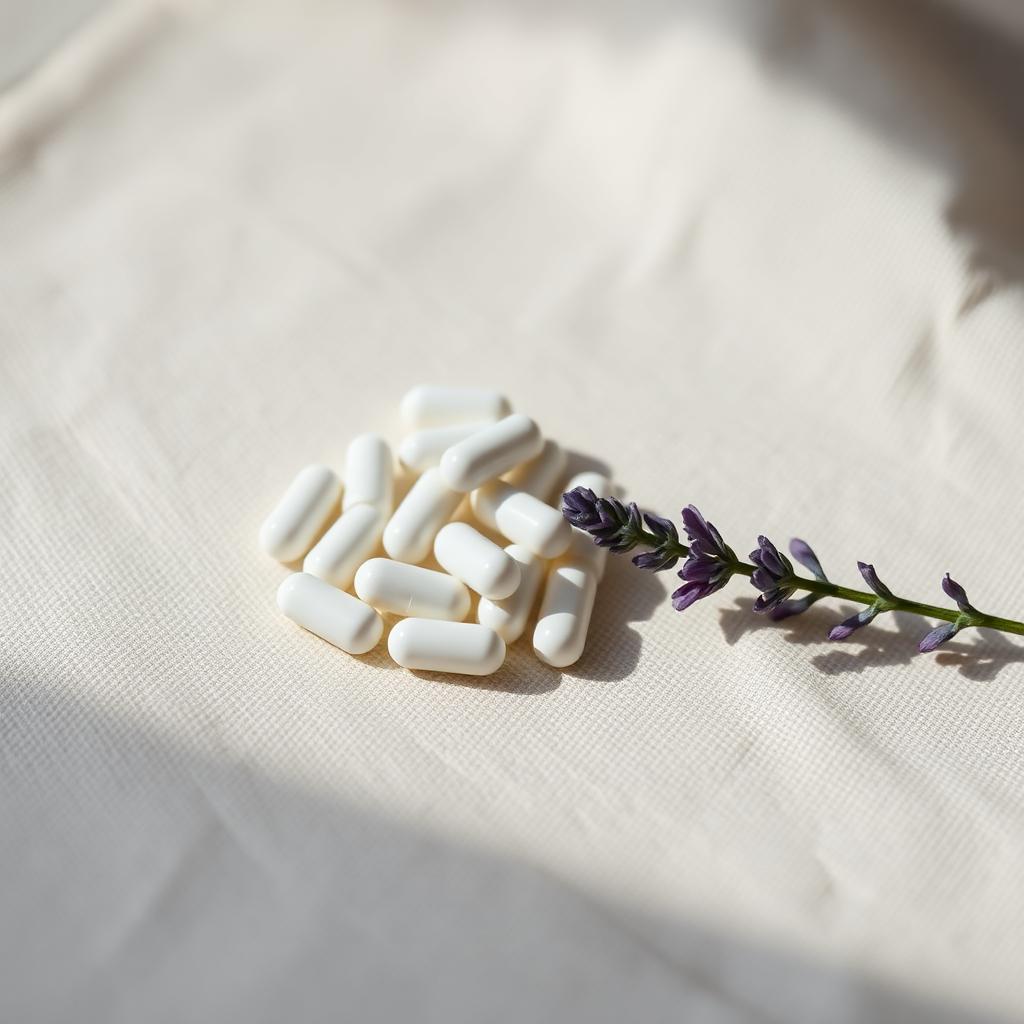 Small pile of white magnesium glycinate supplement capsules on a soft linen surface beside a sprig of dried lavender in muted evening light