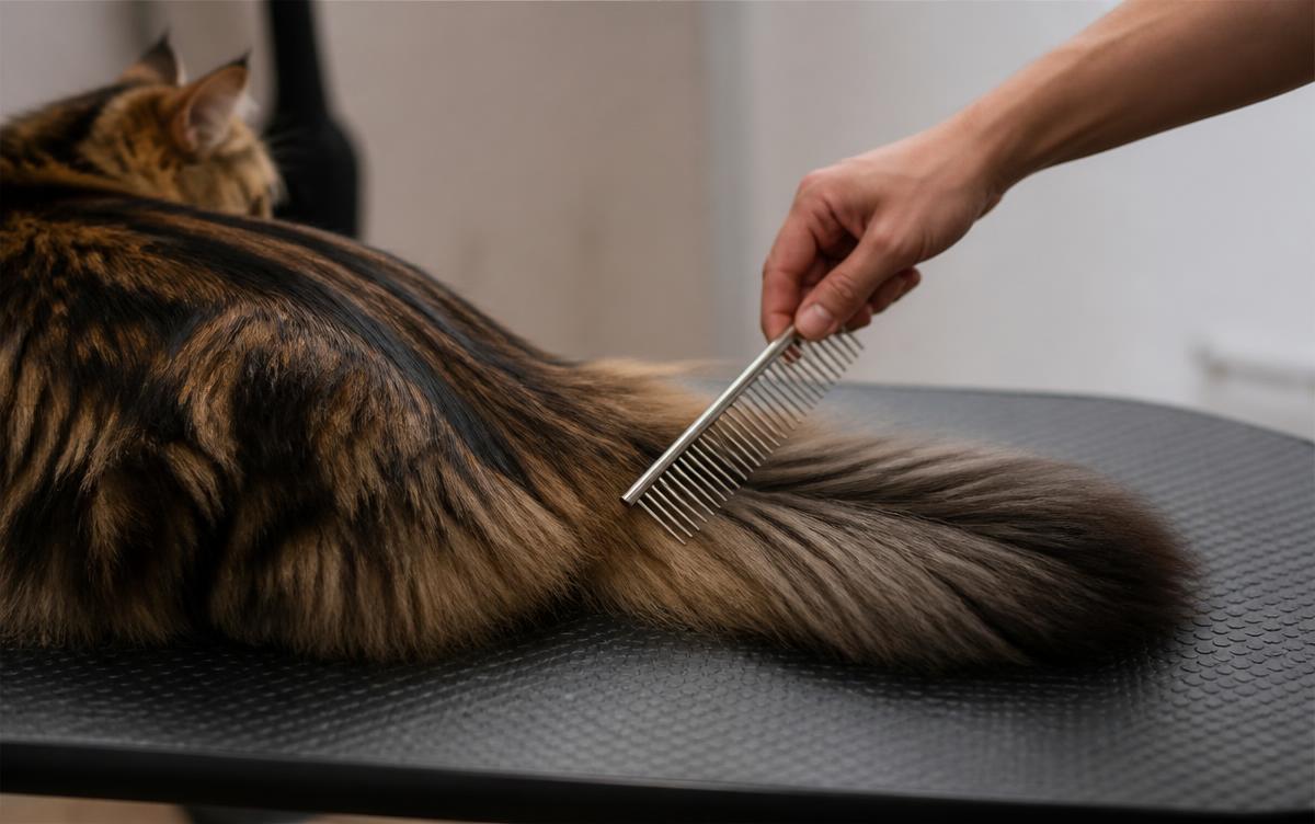 Close up of a hand using a wide toothed metal comb to smooth the long plume tail of a brown tabby Maine Coon on a grooming table