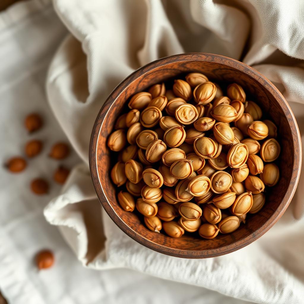 Roasted fox nut water lily seeds arranged in a rustic wooden bowl on linen cloth, photographed from overhead.