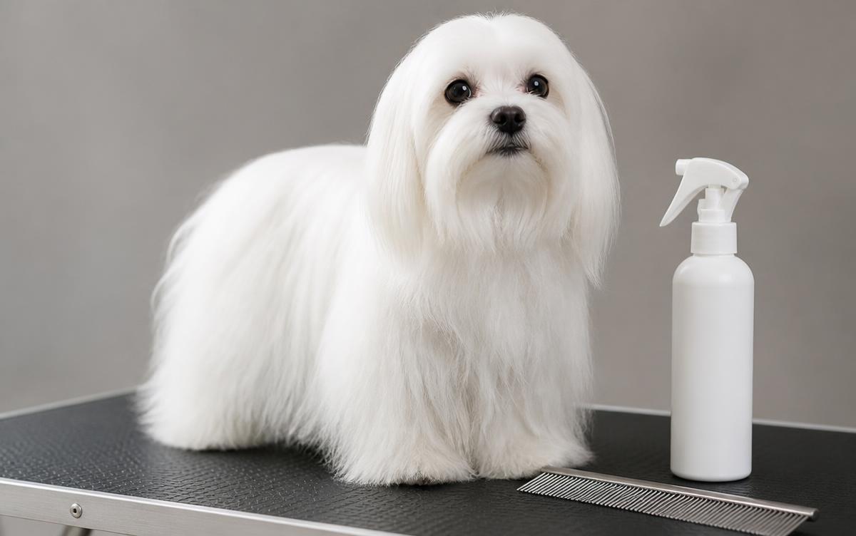 Grooming a Maltese without matting: a white Maltese with a long silky coat on a grooming table beside a plain unlabeled detangling spray bottle and a steel comb