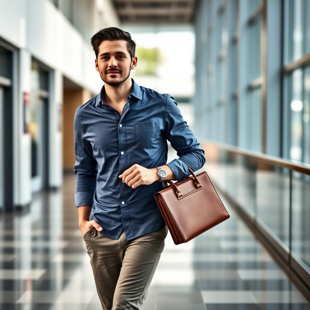 Confident man in a smart casual shirt walking across a modern office lobby holding a leather portfolio in soft natural light