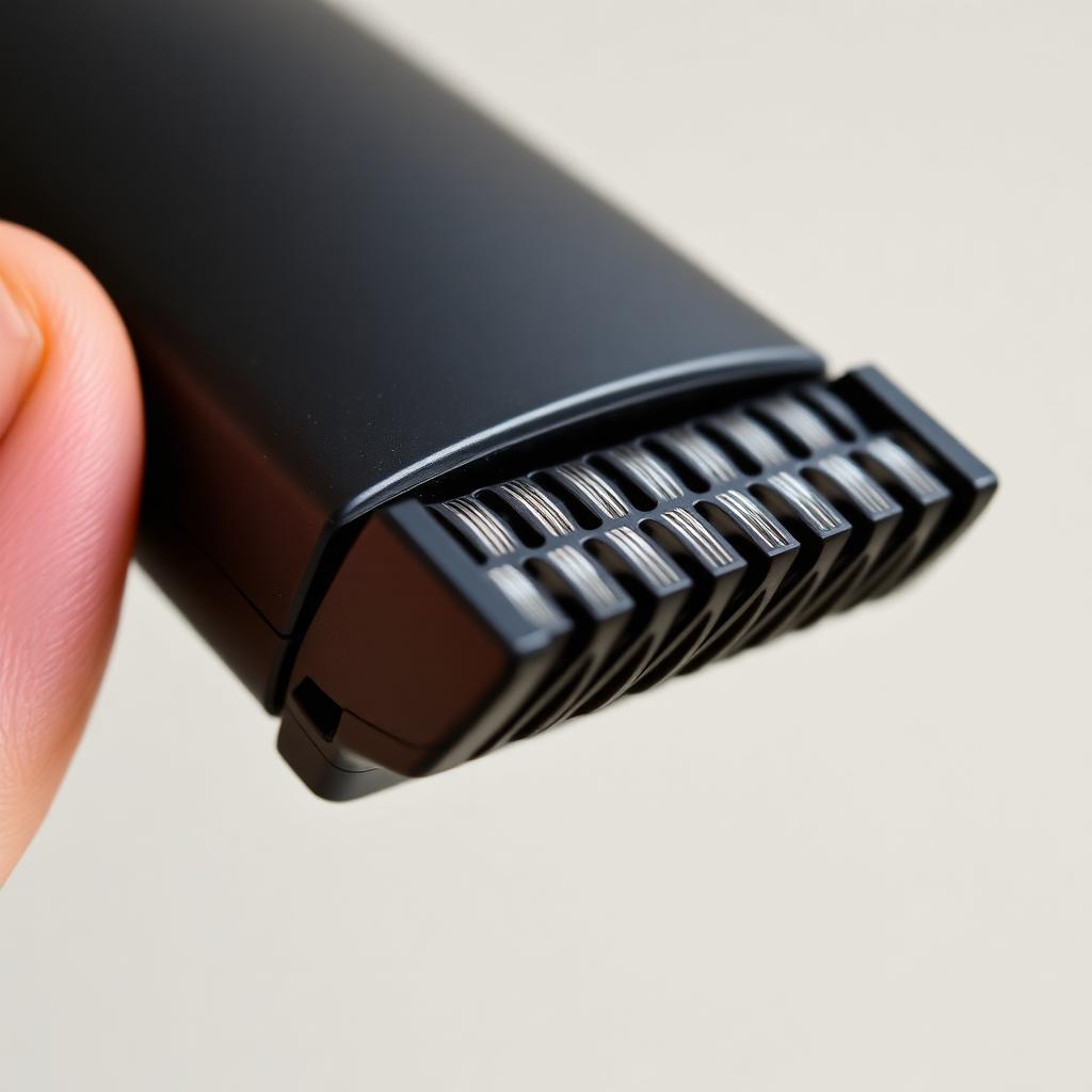 Close-up of a matte black manscaping trimmer with a ceramic skin-guard blade attachment