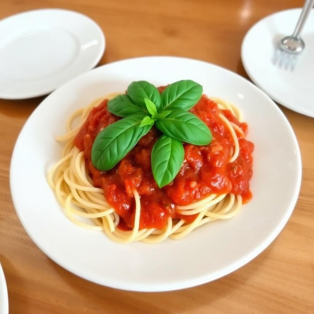 Plate of spaghetti topped with simple marinara sauce and fresh basil