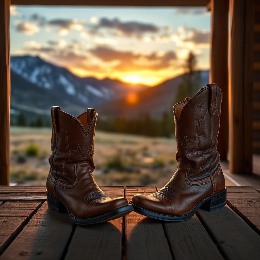 Pair of worn brown leather cowboy boots on a wooden porch facing a Montana mountain sunrise, illustrating the Marshals Yellowstone spin off setting