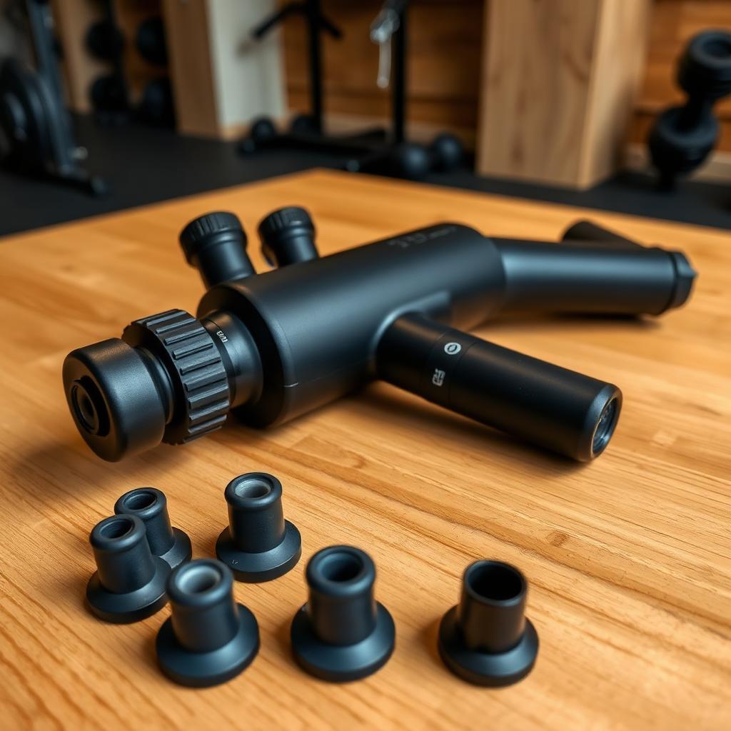 Black percussive massage gun on a wooden table with several interchangeable silicone head attachments