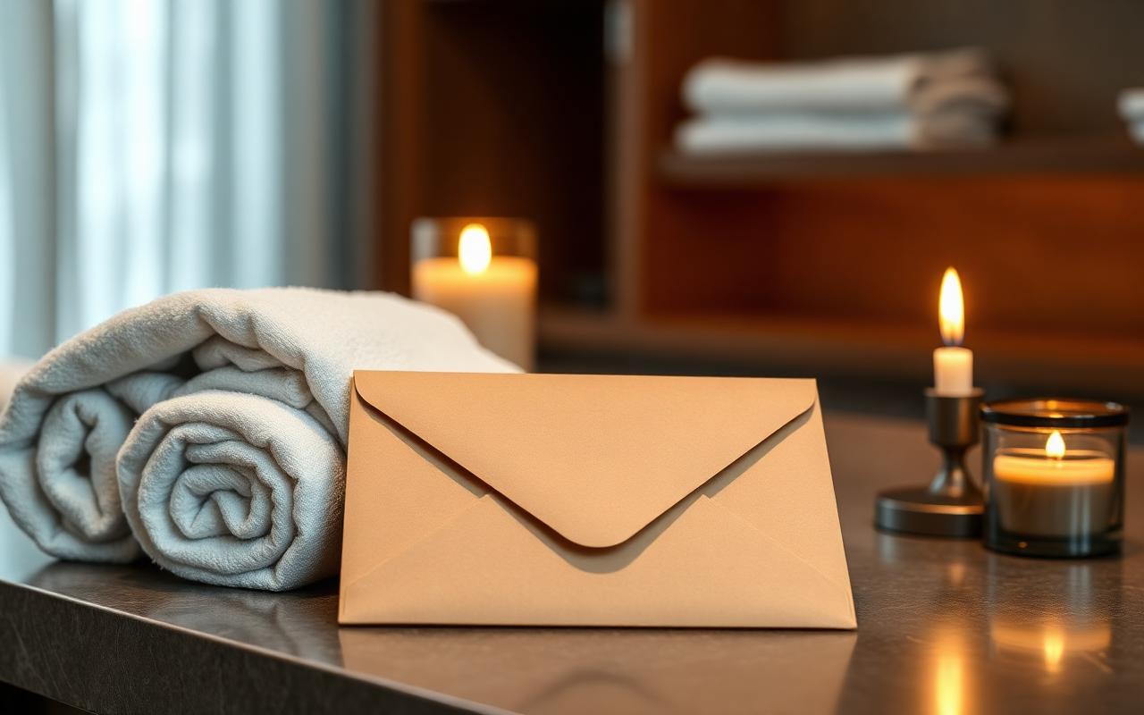 Plain envelope tip left on a spa reception counter beside rolled towels and a candle