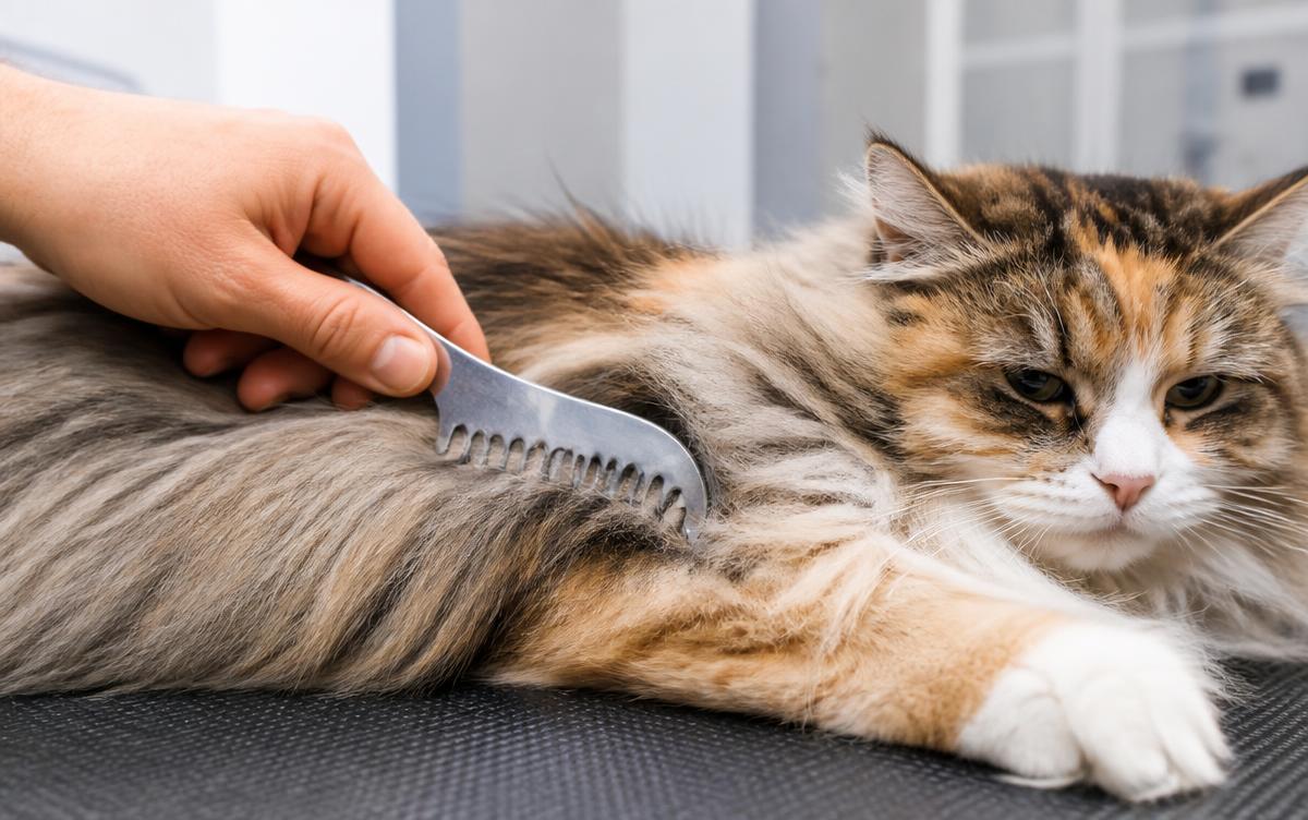A person using a curved mat splitter tool with a safety hook to gently slice through a small tangle in the fur of a calm long haired cat on a grooming table
